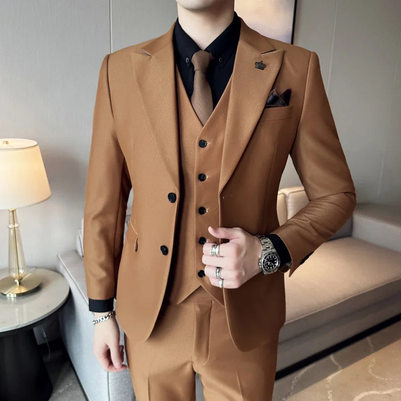 (Chaqueta + chaleco + pantalones) Traje de lujo de primavera para hombre, traje formal para novio, esmoquin de boda, traje ajustado para fiesta de trabajo, 3 piezas