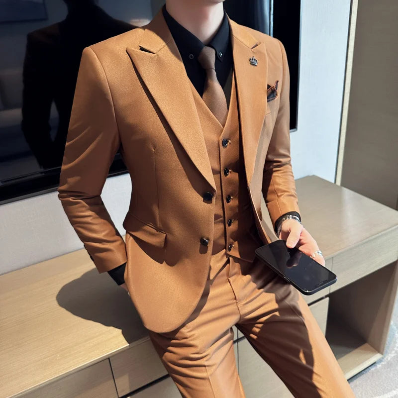 (Chaqueta + chaleco + pantalones) Traje de lujo de primavera para hombre, traje formal para novio, esmoquin de boda, traje ajustado para fiesta de trabajo, 3 piezas