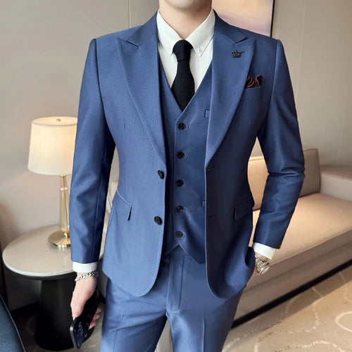 (Chaqueta + chaleco + pantalones) Traje de lujo de primavera para hombre, traje formal para novio, esmoquin de boda, traje ajustado para fiesta de trabajo, 3 piezas