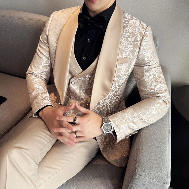 (Chaqueta + chaleco + pantalones) Marca Boutique Moda Color sólido Hombres Formal Oficina Negocios Traje Novio Vestido de boda Masculino Slim Blazer Conjuntos