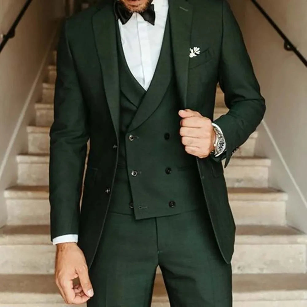 Jacket+Vest+Pants Fashion Luxury Custom Green Men Suit Slim Fit Groomsmen Swallowtail For Wedding Dress Dinner Beach Party Sets