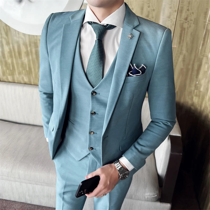 (Chaqueta + chaleco + pantalones) Traje informal de tres piezas de color liso para negocios, de marca de alta gama, para novio, vestido de novia, chaqueta