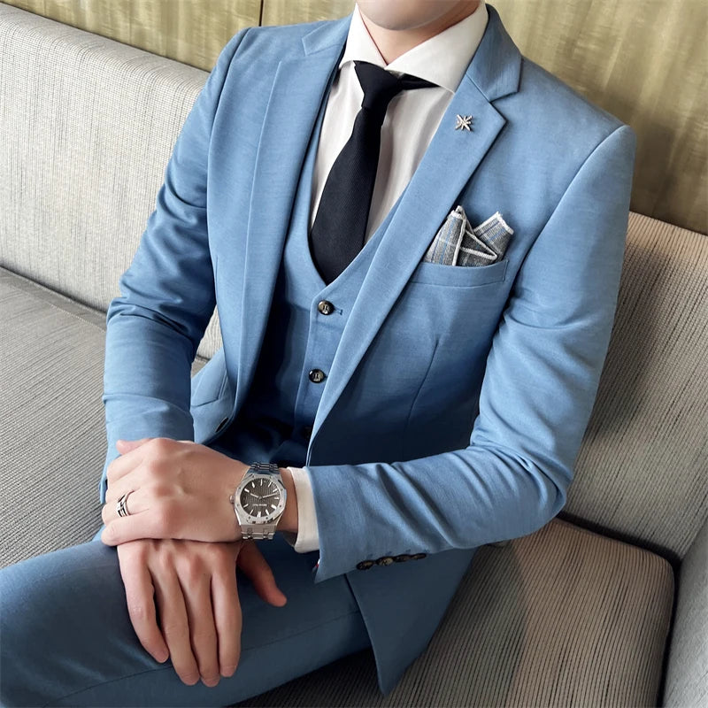 (Chaqueta + chaleco + pantalones) Traje informal de tres piezas de color liso para negocios, de marca de alta gama, para novio, vestido de novia, chaqueta
