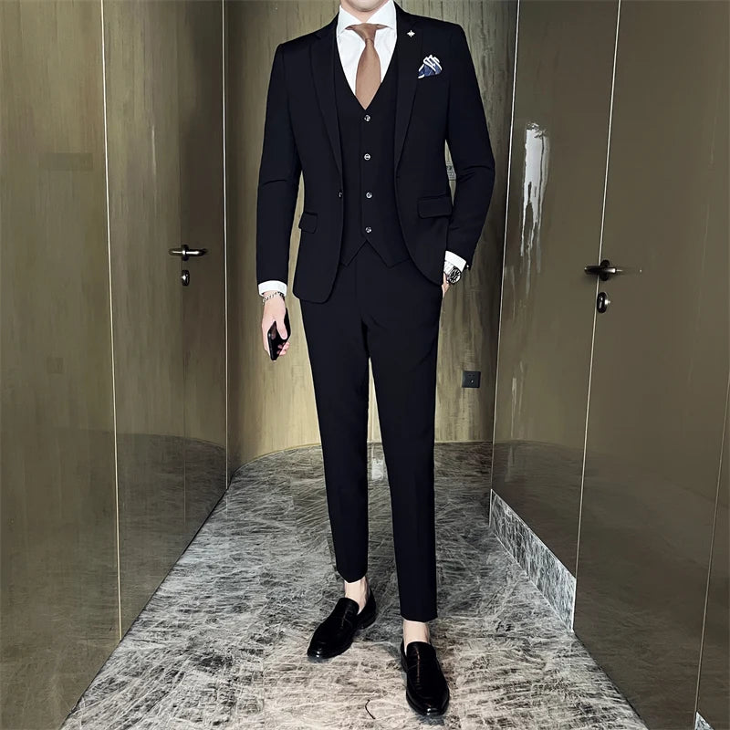 (Chaqueta + chaleco + pantalones) Traje informal de tres piezas de color liso para negocios, de marca de alta gama, para novio, vestido de novia, chaqueta