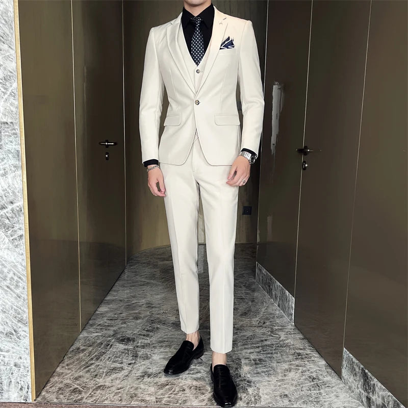 (Chaqueta + chaleco + pantalones) Traje informal de tres piezas de color liso para negocios, de marca de alta gama, para novio, vestido de novia, chaqueta