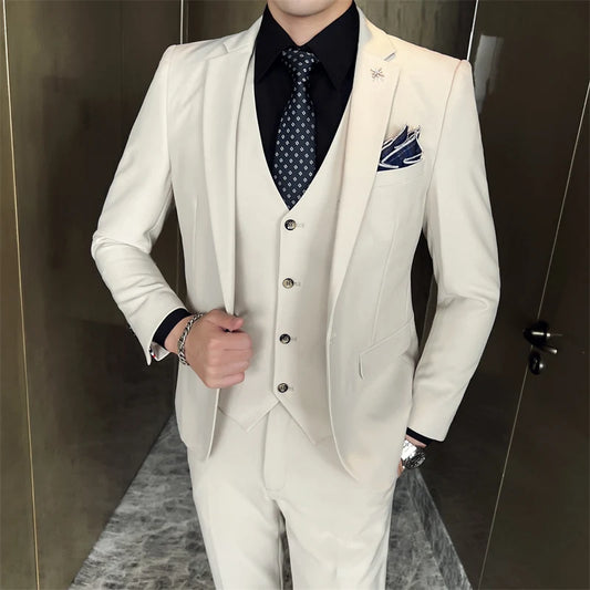 ( Jacket + Vest + Pants ) High -end Brand Official Business Solid Color Casual Suit Three -piece Suit  Groom Wedding Gown Jacket