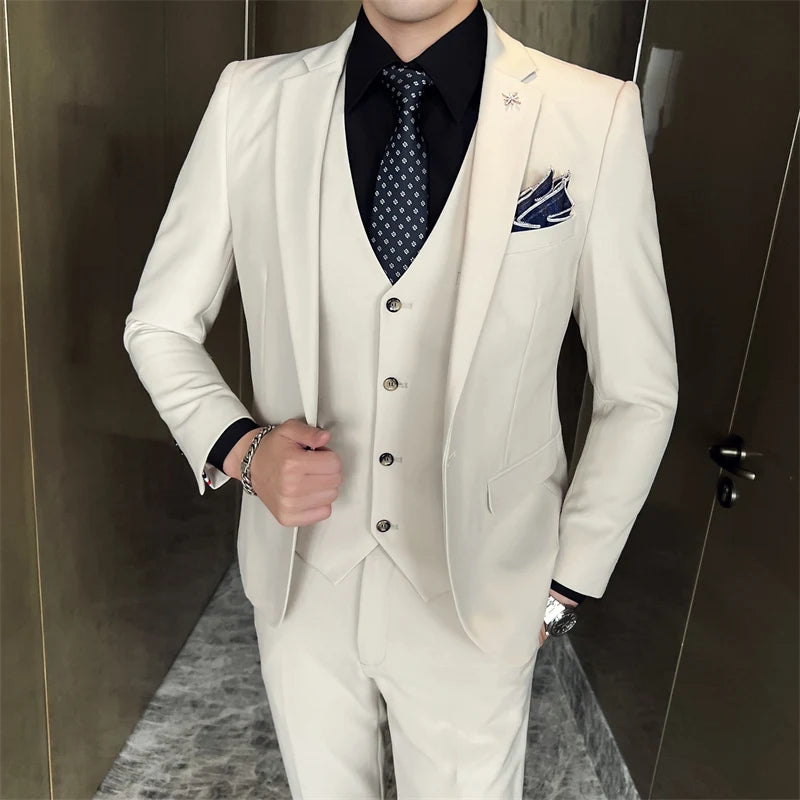 (Chaqueta + chaleco + pantalones) Traje informal de tres piezas de color liso para negocios, de marca de alta gama, para novio, vestido de novia, chaqueta