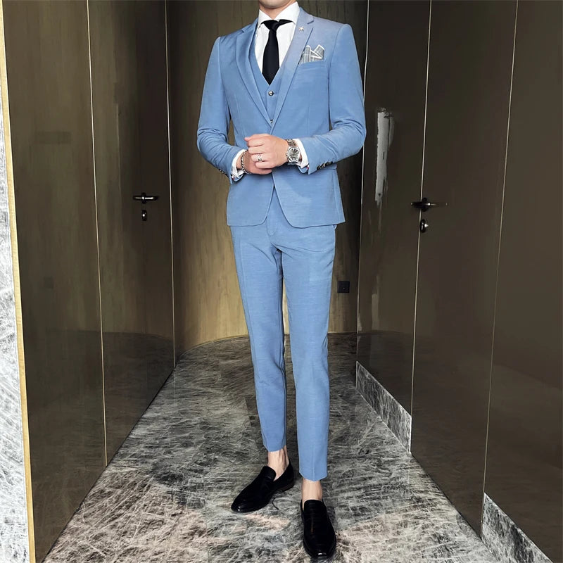 (Chaqueta + chaleco + pantalones) Traje informal de tres piezas de color liso para negocios, de marca de alta gama, para novio, vestido de novia, chaqueta