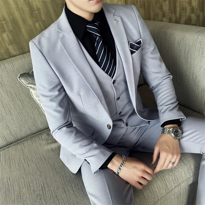 (Chaqueta + chaleco + pantalones) Traje informal de tres piezas de color liso para negocios, de marca de alta gama, para novio, vestido de novia, chaqueta