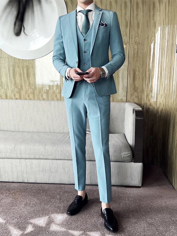 (Chaqueta + chaleco + pantalones) Traje informal de tres piezas de color liso para negocios, de marca de alta gama, para novio, vestido de novia, chaqueta