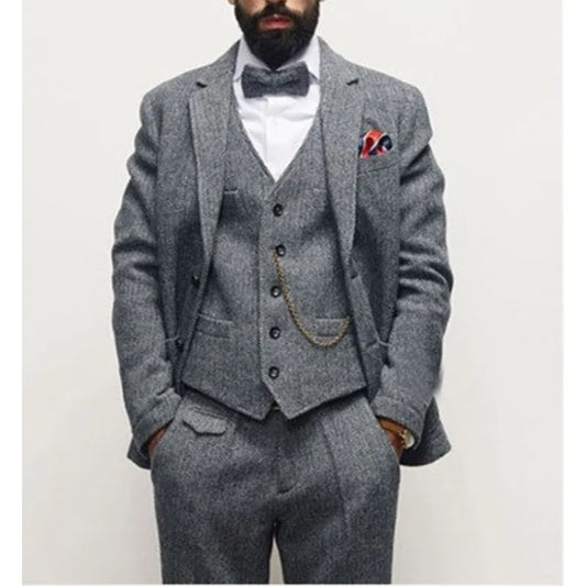 (Jacket+Vest+Pants) Smoking Winter Men's Suits Groom Wedding Dress Herringbone Pattern Tweed Slim Fit Fashion Blazer Men Clothin