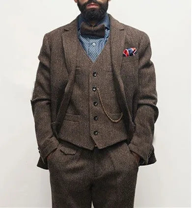 (Jacket+Vest+Pants) Smoking Winter Men's Suits Groom Wedding Dress Herringbone Pattern Tweed Slim Fit Fashion Blazer Men Clothin