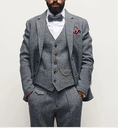 (Jacket+Vest+Pants) Smoking Winter Men's Suits Groom Wedding Dress Herringbone Pattern Tweed Slim Fit Fashion Blazer Men Clothin