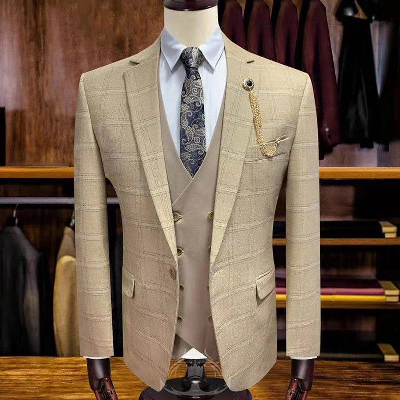 (Jackets+Vest+Pants) Men's Groom Wedding Dress Texudo Plaid Formal Suits Set Men Fashion Casual Business Suit 3 piece