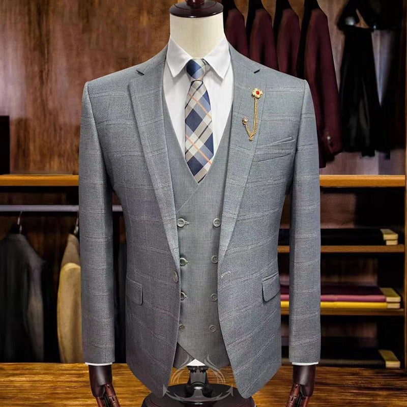 (Jackets+Vest+Pants) Men's Groom Wedding Dress Texudo Plaid Formal Suits Set Men Fashion Casual Business Suit 3 piece