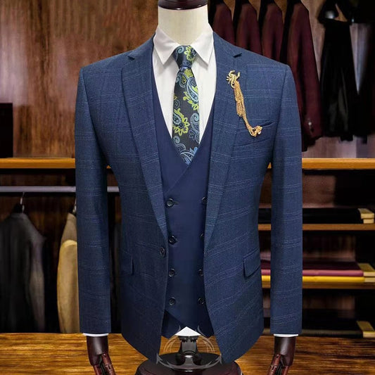 (Jackets+Vest+Pants) Men's Groom Wedding Dress Texudo Plaid Formal Suits Set Men Fashion Casual Business Suit 3 piece