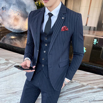 (Jackets+Vest+Pants)  Men's Three-piece Suit/Male Slim Fit Cotton High Quality Business Blazers/Man Stripe Groom Dress