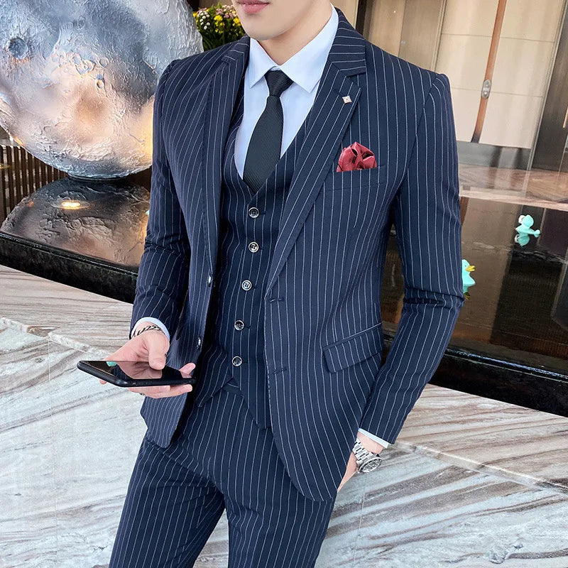 (Chaqueta + chaleco + pantalones) Traje de tres piezas para hombre/Blazer de negocios de algodón de alta calidad de corte entallado para hombre/Vestido de novio a rayas para hombre