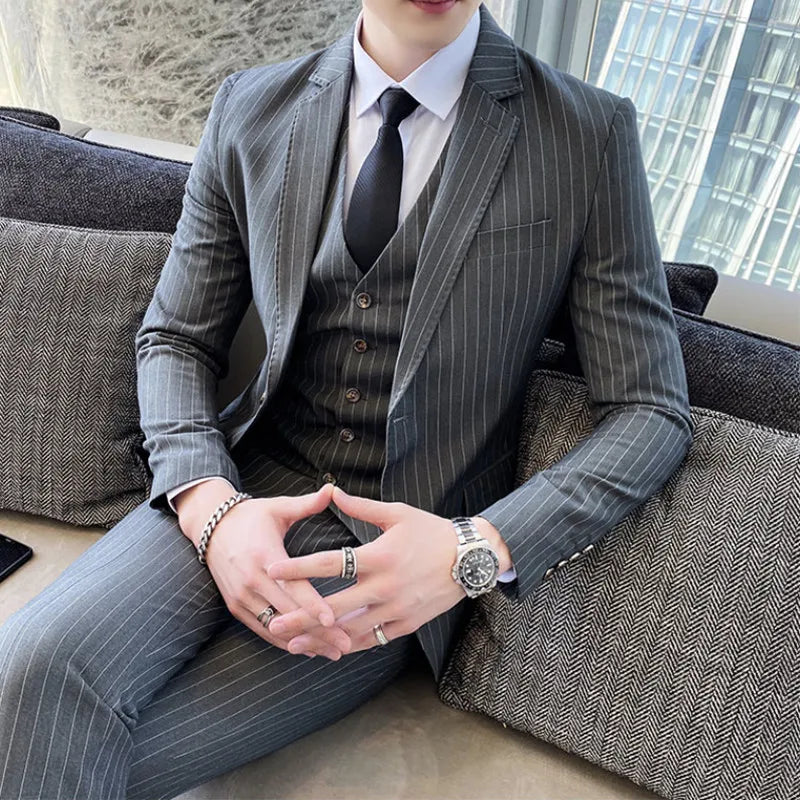 (Jackets+Vest+Pants)  Men's Three-piece Suit/Male Slim Fit Cotton Business Blazers/Man Stripe Groom Dress
