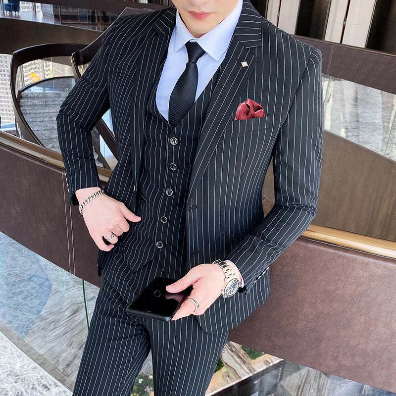 (Chaqueta + chaleco + pantalones) Traje de tres piezas para hombre/Blazer de negocios de algodón de alta calidad de corte entallado para hombre/Vestido de novio a rayas para hombre
