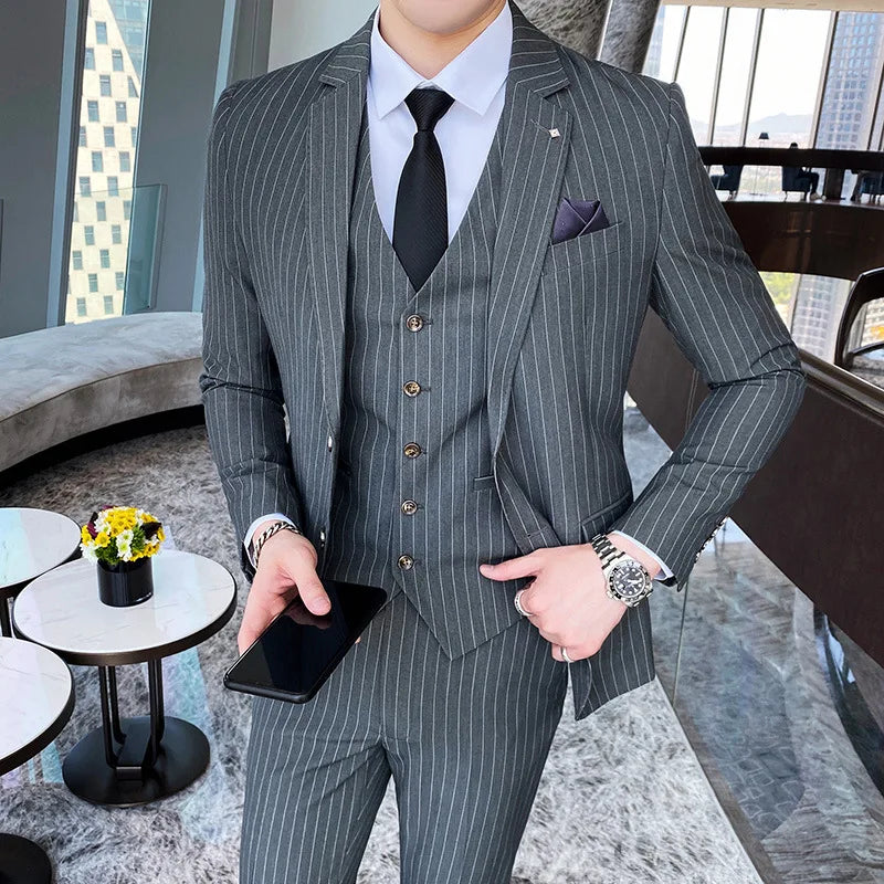 (Chaqueta + chaleco + pantalones) Traje de tres piezas para hombre/Blazer de negocios de algodón de alta calidad de corte entallado para hombre/Vestido de novio a rayas para hombre