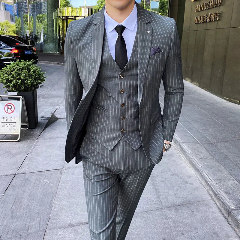 (Chaqueta + chaleco + pantalones) Traje de tres piezas para hombre/Blazer de negocios de algodón de alta calidad de corte entallado para hombre/Vestido de novio a rayas para hombre