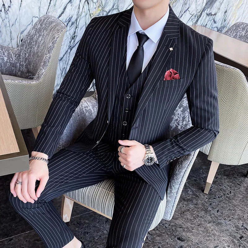 (Chaqueta + chaleco + pantalones) Traje de tres piezas para hombre/Blazer de negocios de algodón de alta calidad de corte entallado para hombre/Vestido de novio a rayas para hombre