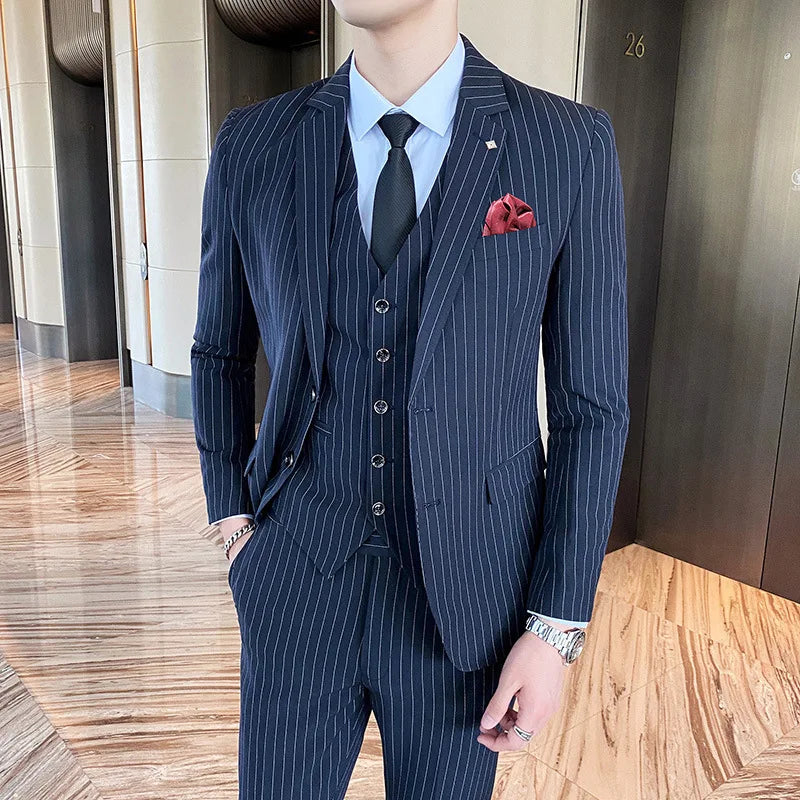 (Chaqueta + chaleco + pantalones) Traje de tres piezas para hombre/Blazer de negocios de algodón de alta calidad de corte entallado para hombre/Vestido de novio a rayas para hombre