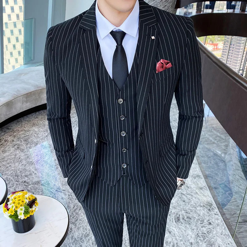 (Chaqueta + chaleco + pantalones) Traje de tres piezas para hombre/Blazer de negocios de algodón de alta calidad de corte entallado para hombre/Vestido de novio a rayas para hombre