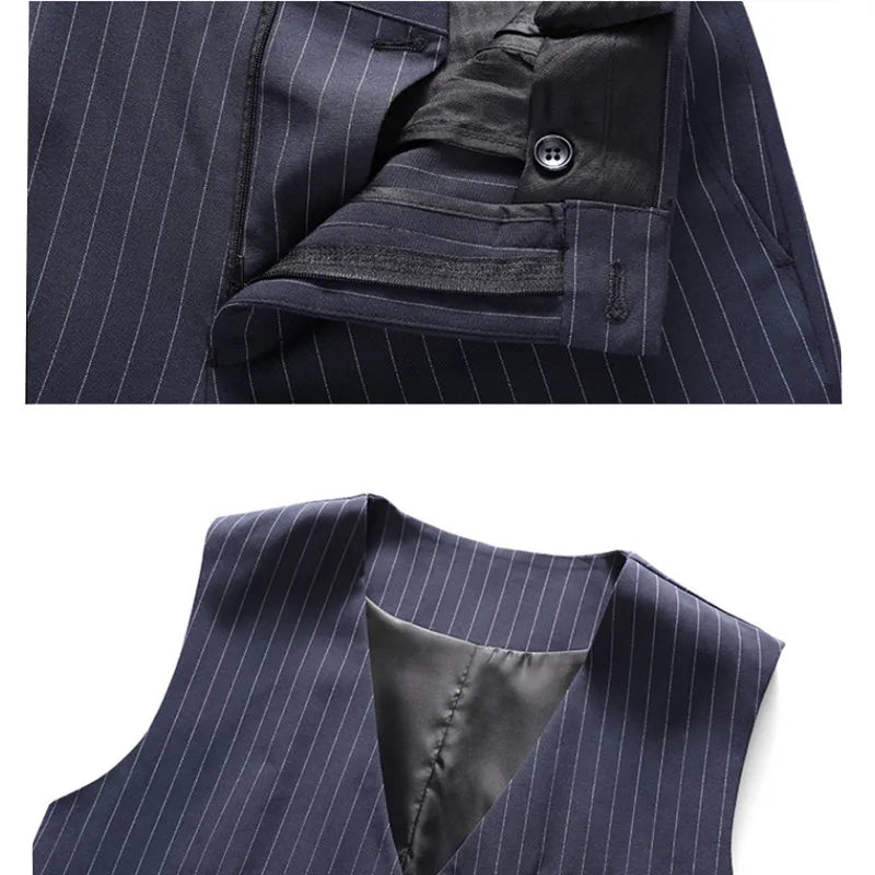 (Chaqueta + chaleco + pantalones) Traje de tres piezas para hombre/Blazer de negocios de algodón de alta calidad de corte entallado para hombre/Vestido de novio a rayas para hombre