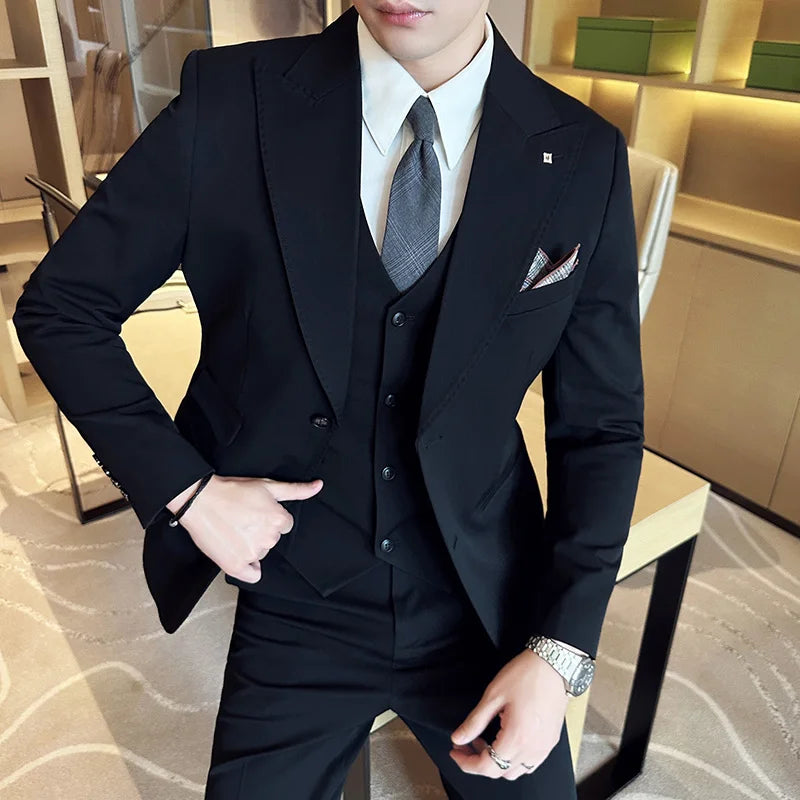 (Chaqueta + chaleco + pantalones) Trajes elegantes de 3 piezas, de marca, corte entallado, de un solo botón, para fiesta, formal, de negocios, para boda, esmoquin.
