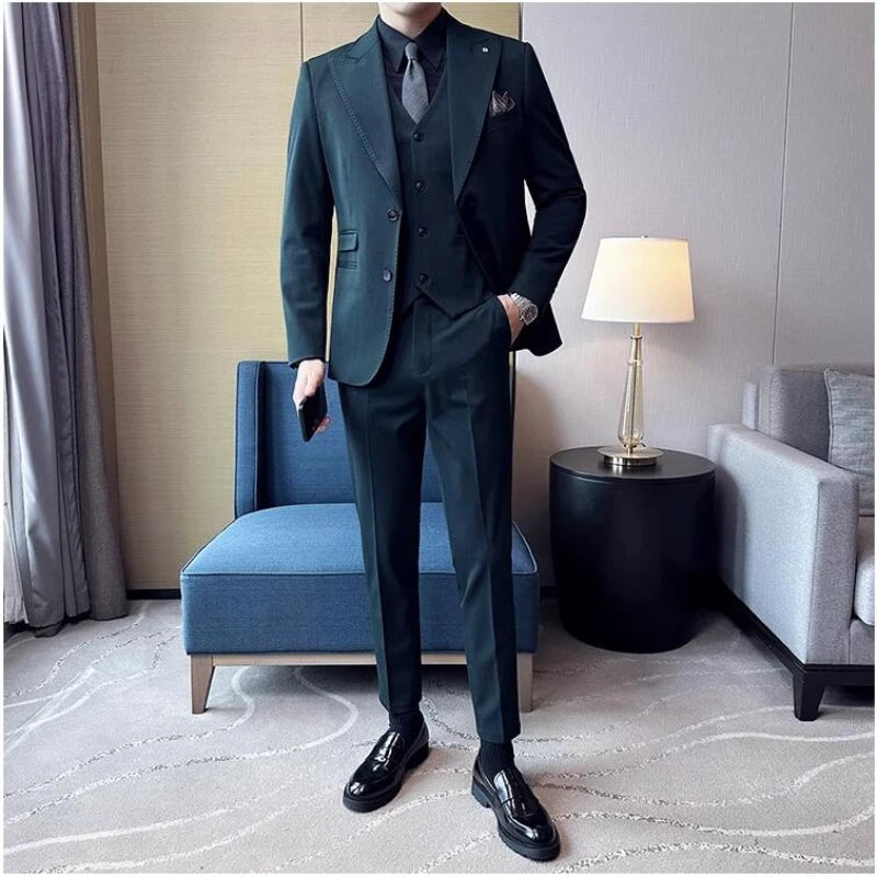(Chaqueta + chaleco + pantalones) Trajes elegantes de 3 piezas, de marca, corte entallado, de un solo botón, para fiesta, formal, de negocios, para boda, esmoquin.