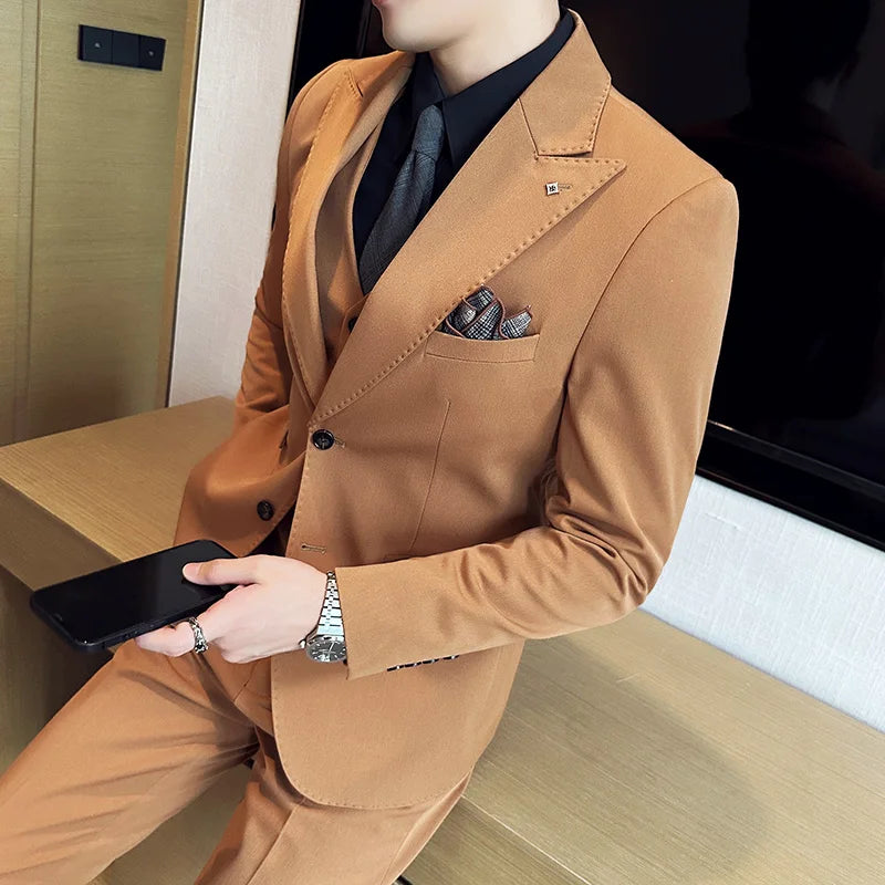 (Chaqueta + chaleco + pantalones) Trajes elegantes de 3 piezas, de marca, corte entallado, de un solo botón, para fiesta, formal, de negocios, para boda, esmoquin.