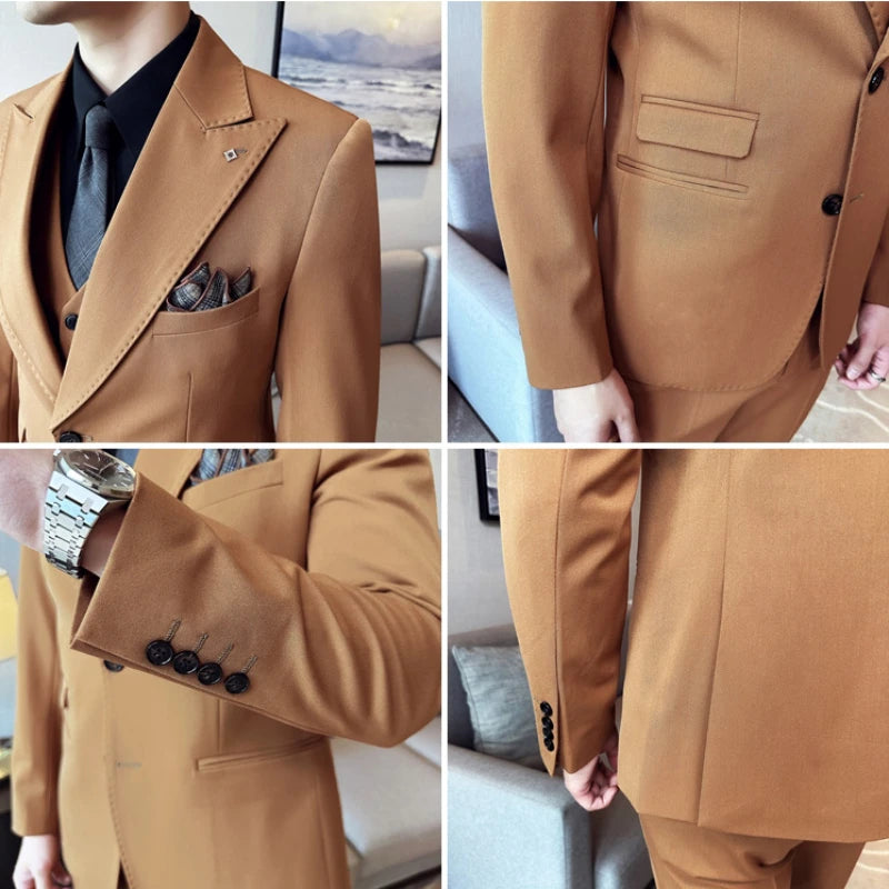 (Chaqueta + chaleco + pantalones) Trajes elegantes de 3 piezas, de marca, corte entallado, de un solo botón, para fiesta, formal, de negocios, para boda, esmoquin.
