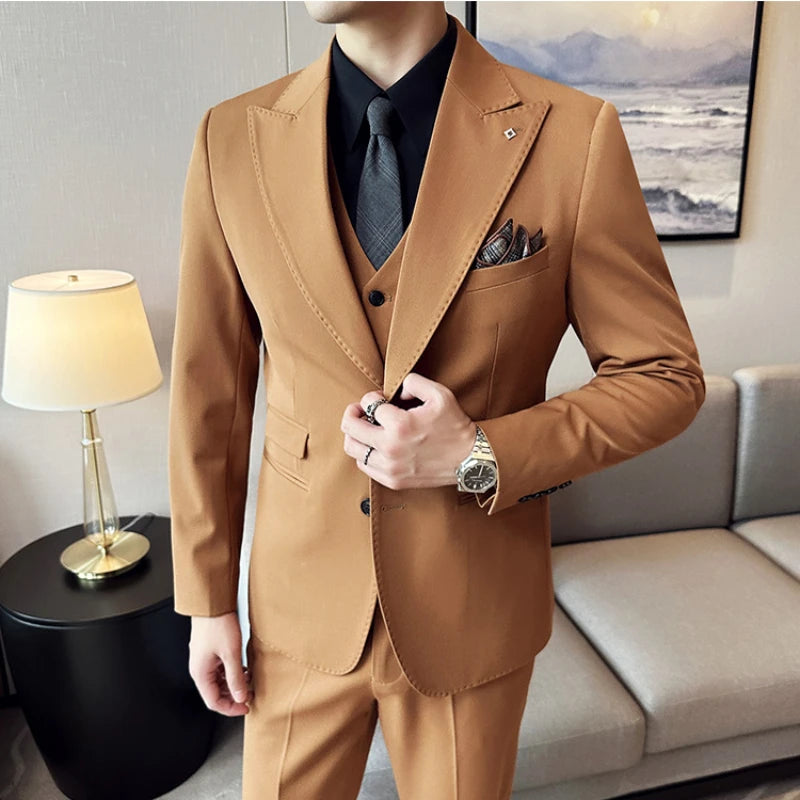 (Chaqueta + chaleco + pantalones) Trajes elegantes de 3 piezas, de marca, corte entallado, de un solo botón, para fiesta, formal, de negocios, para boda, esmoquin.