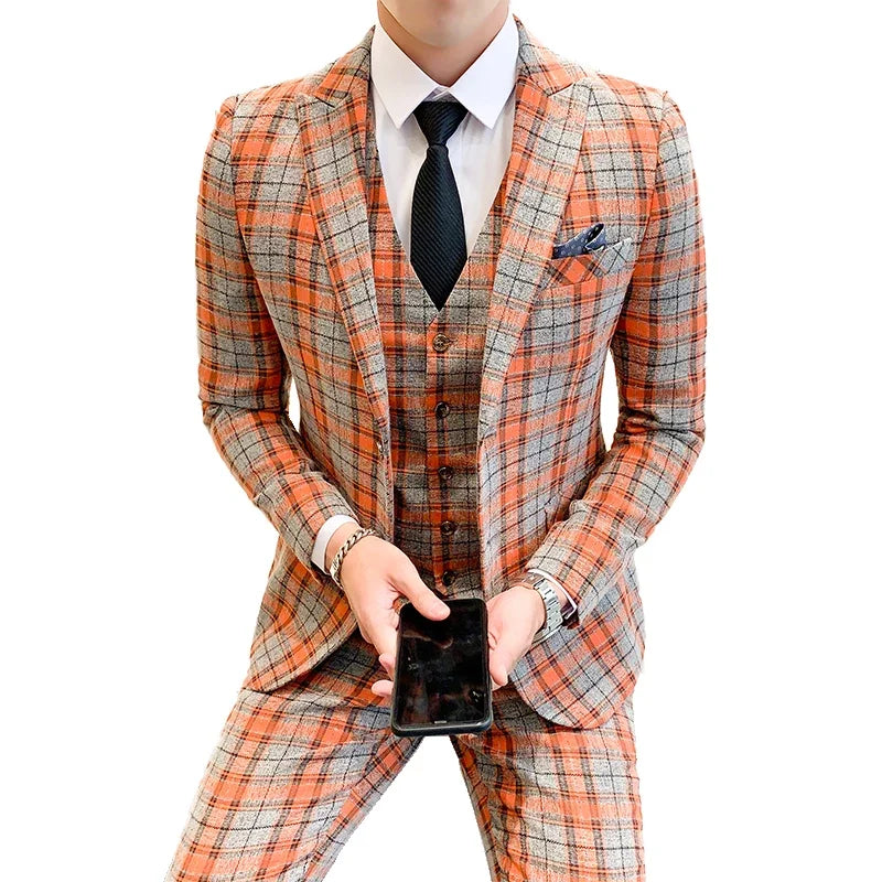 (Chaqueta + chaleco + pantalones) Nuevo traje de negocios informal a cuadros para hombre, estilo boutique de moda, traje de boda para novio, conjunto de 3 piezas, blazer para hombre