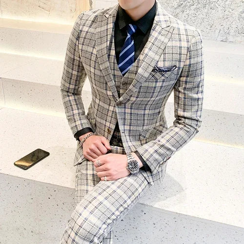 (Chaqueta + chaleco + pantalones) Nuevo traje de negocios informal a cuadros para hombre, estilo boutique de moda, traje de boda para novio, conjunto de 3 piezas, blazer para hombre