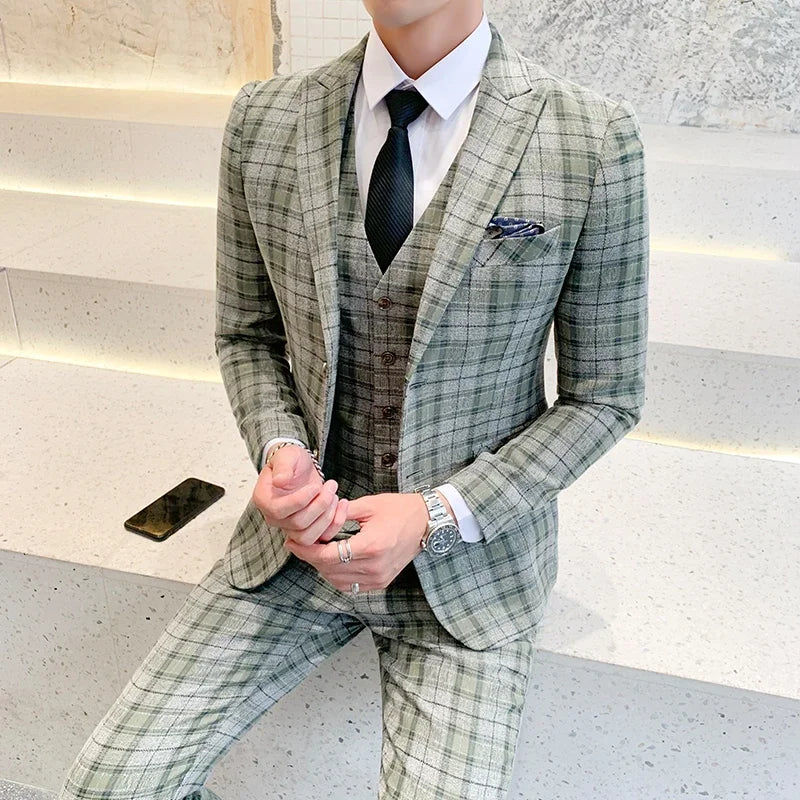 (Chaqueta + chaleco + pantalones) Nuevo traje de negocios informal a cuadros para hombre, estilo boutique de moda, traje de boda para novio, conjunto de 3 piezas, blazer para hombre