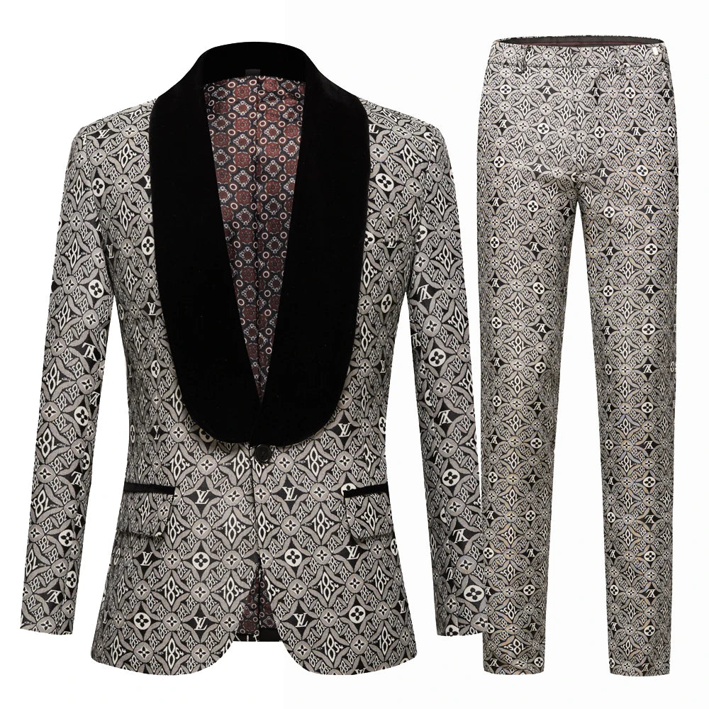Smoking de marié blanc en jacquard, revers châle, costume pour homme, mariage, bal, meilleur homme, veste blazer avec pantalon, ensemble col noir