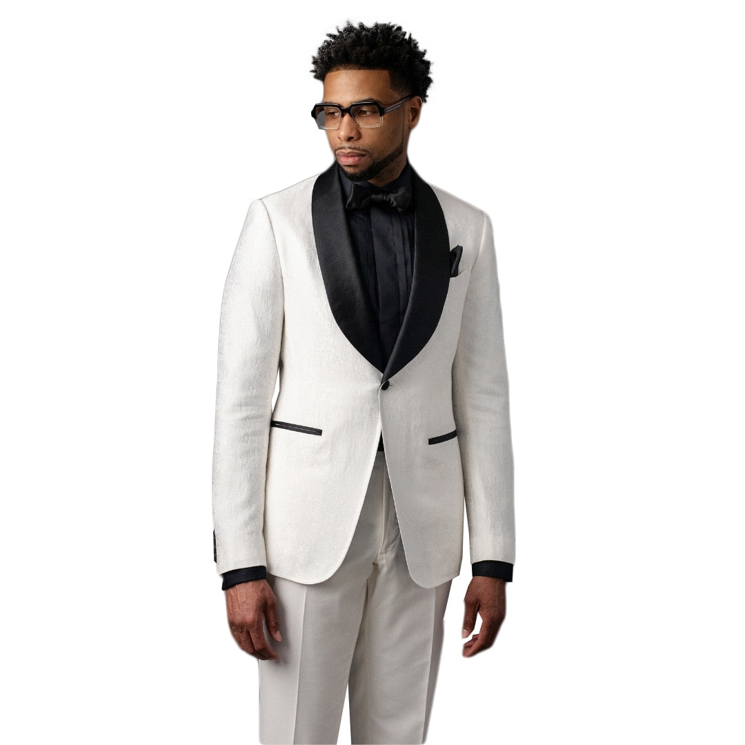 Traje de hombre Jacquard de 2 piezas, blazer y pantalón de un botón, negro, con solapa transparente, corte entallado, formal, para boda y novio. 
