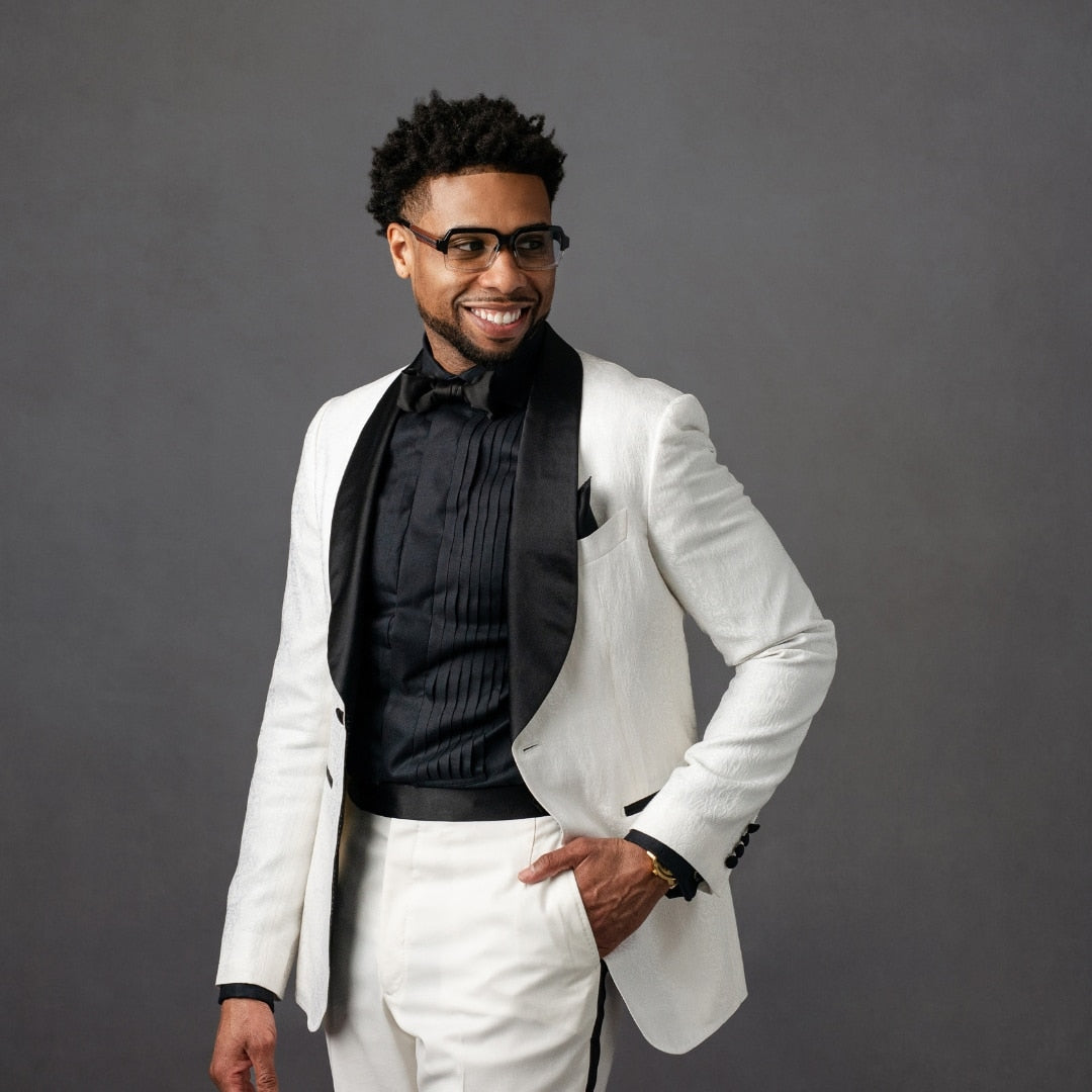 Traje de hombre Jacquard de 2 piezas, blazer y pantalón de un botón, negro, con solapa transparente, corte entallado, formal, para boda y novio. 