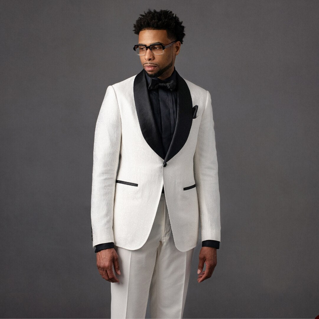 Traje de hombre Jacquard de 2 piezas, blazer y pantalón de un botón, negro, con solapa transparente, corte entallado, formal, para boda y novio. 