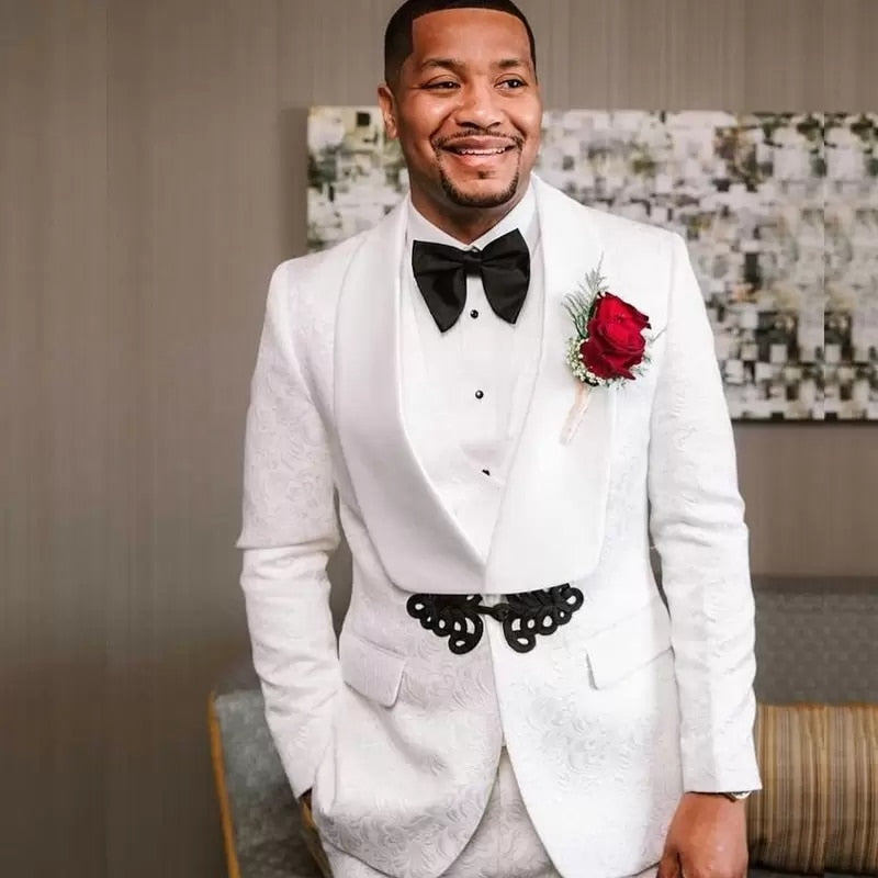 Jacquard Men' s Suit 2 Pieces Blazer Pants Tuxedo One Button Satin Sheer Lapel Knot Business Work Wedding Groom Tailored