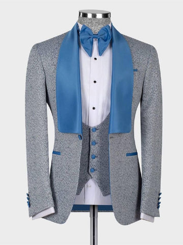 Jacquard Men's Suit 2 Pieces Gray Blazer Vest One Button Satin Blue Sheer Lapel Business Wedding Groom Tailored Costume Homme