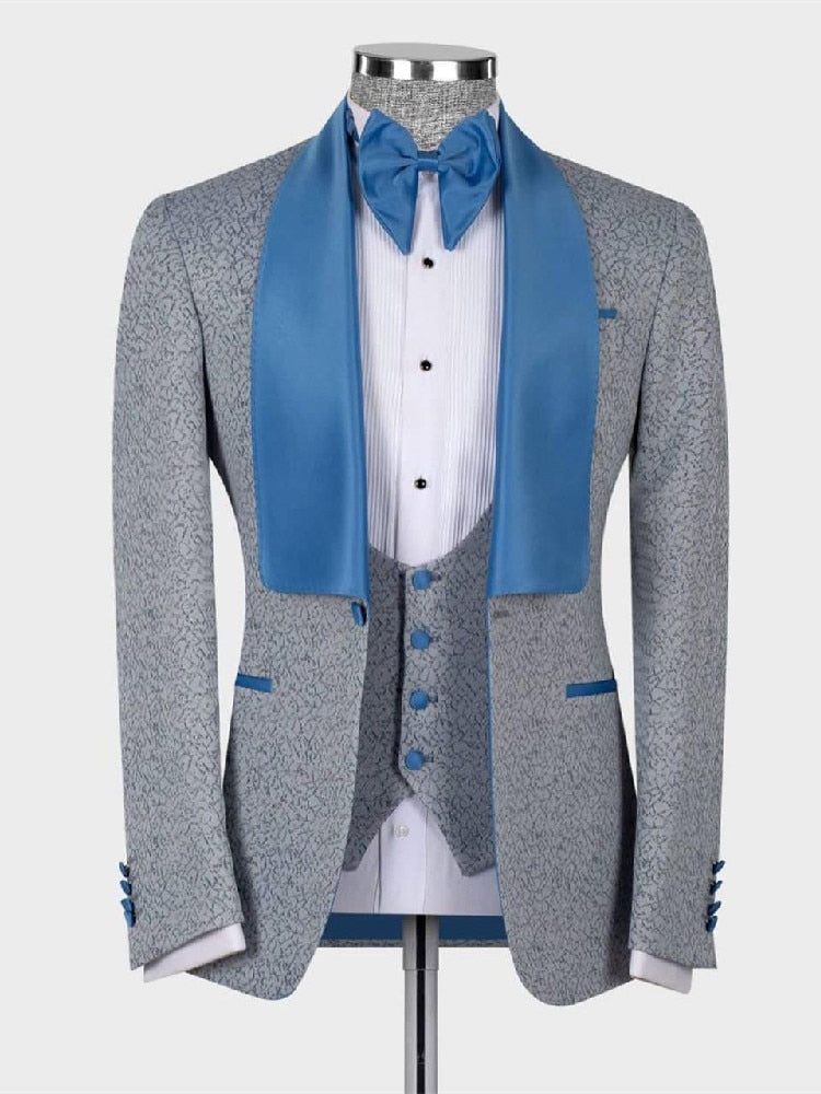 Costume 2 pièces en jacquard pour homme, blazer gris, gilet, un bouton, satin bleu, revers transparent, costume sur mesure pour mariage d'affaires 