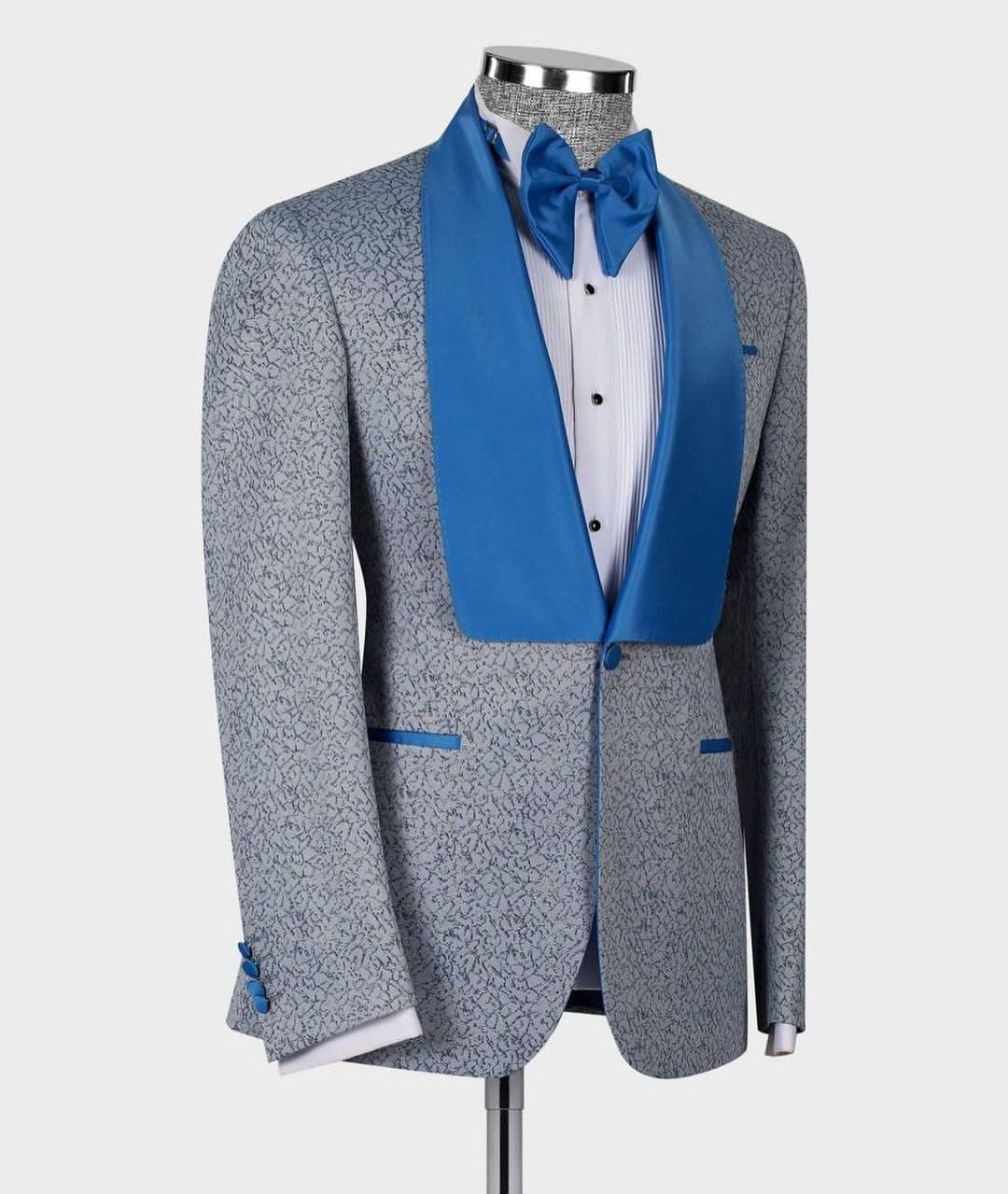 Costume 2 pièces en jacquard pour homme, blazer gris, gilet, un bouton, satin bleu, revers transparent, costume sur mesure pour mariage d'affaires 