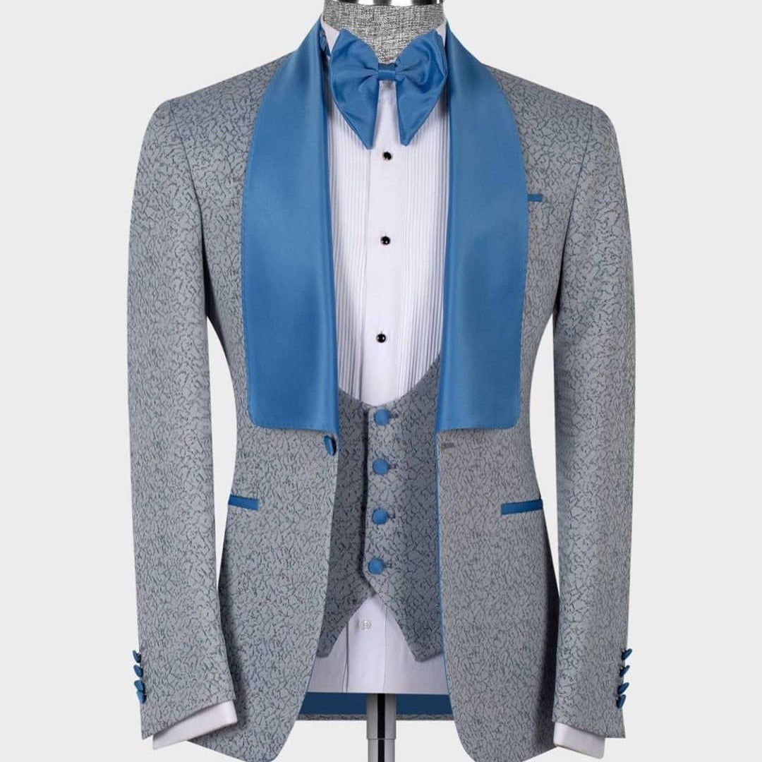 Costume 2 pièces en jacquard pour homme, blazer gris, gilet, un bouton, satin bleu, revers transparent, costume sur mesure pour mariage d'affaires 