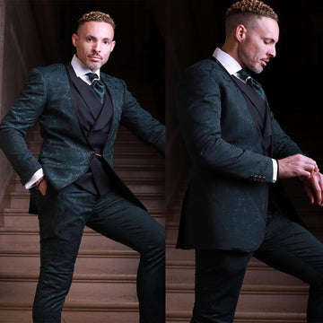 Jacquard Men's Suit 3 Pieces Blazer Black Vest Pants One Button No Lapel Business Slim Fit Formal Wedding Groom Costume Homme