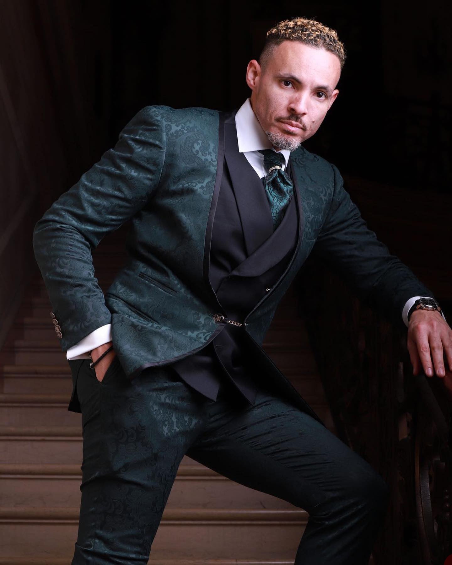 Jacquard Men's Suit 3 Pieces Blazer Black Vest Pants One Button No Lapel Business Slim Fit Formal Wedding Groom Costume Homme