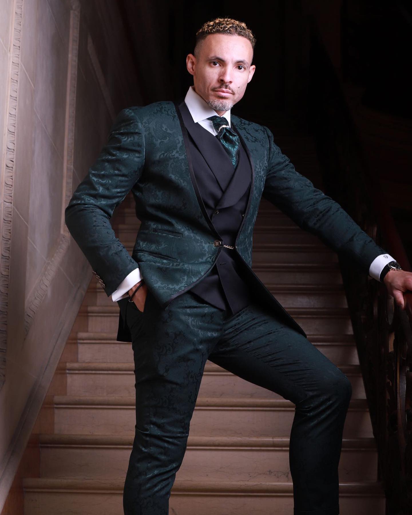 Jacquard Men's Suit 3 Pieces Blazer Black Vest Pants One Button No Lapel Business Slim Fit Formal Wedding Groom Costume Homme